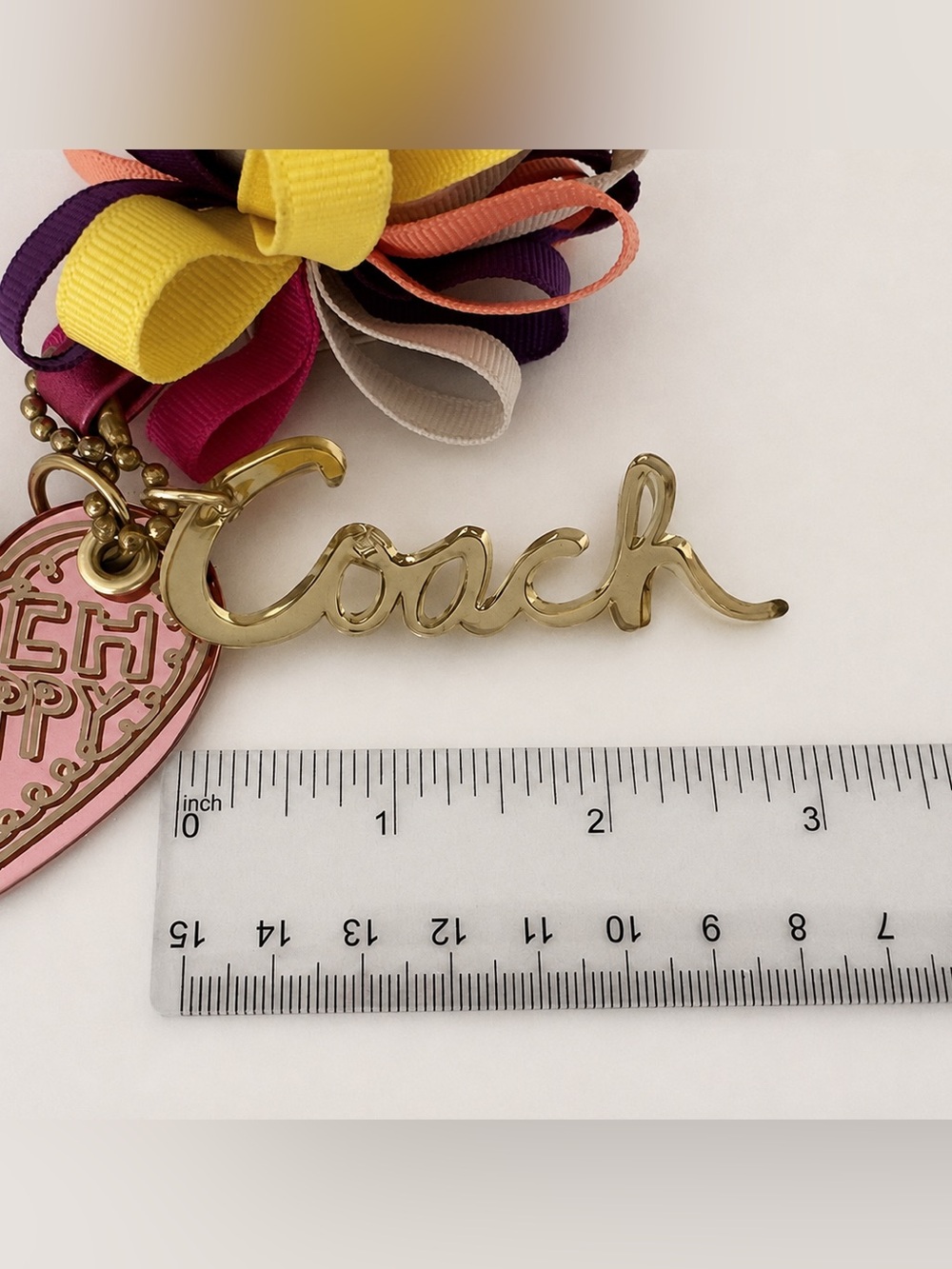 Coach Poppy Heart Ribbon Pom Bag Charm Keychain - Picture 6 of 8